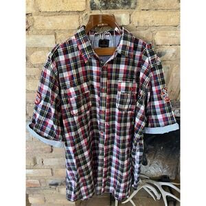 Swiss Cross Men's Casual Button Up Plaid Shirt w Patches 5XL Rolled Sleeves